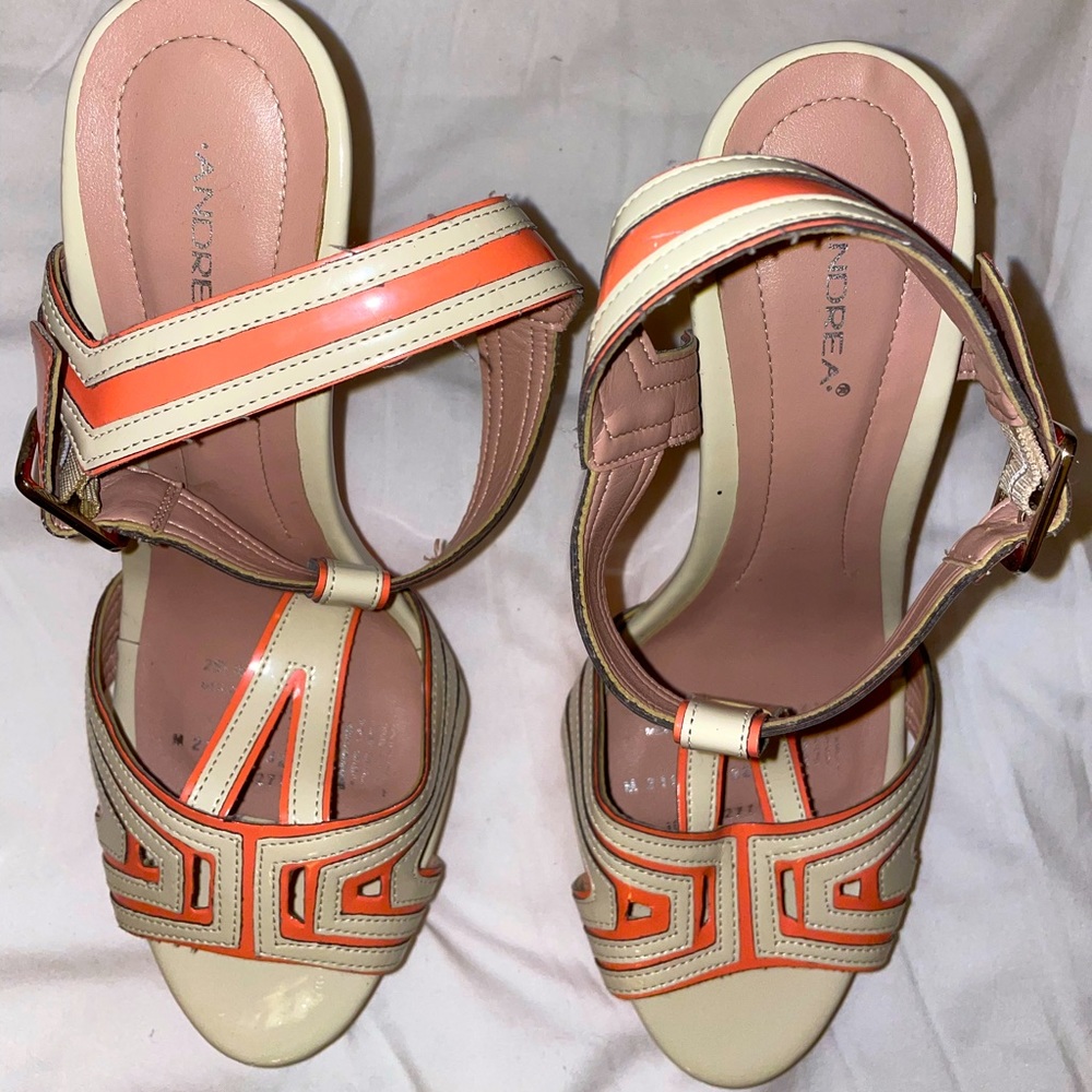 These are used Andrea high heels, 8.5 in Women’s, and they are coral and beige. - Picture 3 of 4